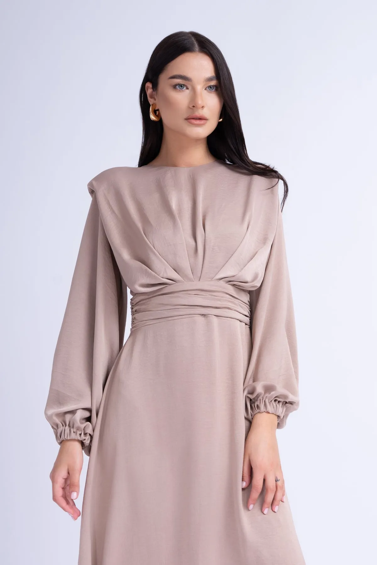 Beige Midi Dress With Shoulder Pads Detail And Pleats