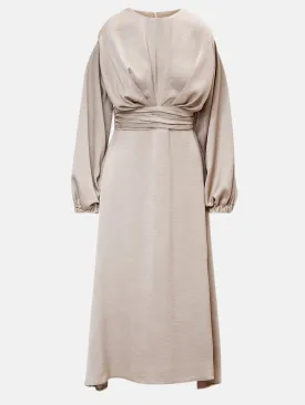 Beige Midi Dress With Shoulder Pads Detail And Pleats