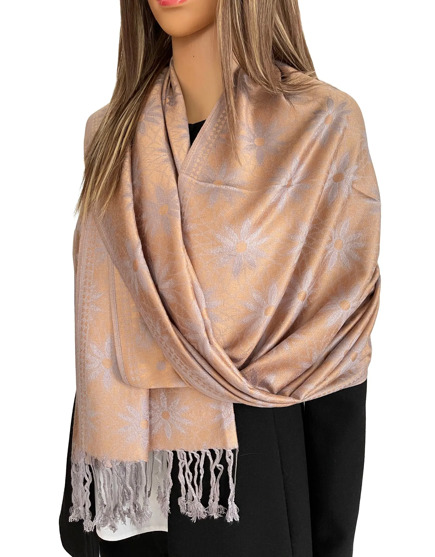 LARGE GOLD FLORAL DAISY PRINT GEOMETRIC REVERSIBLE PASHMINA SHAWL SCARF