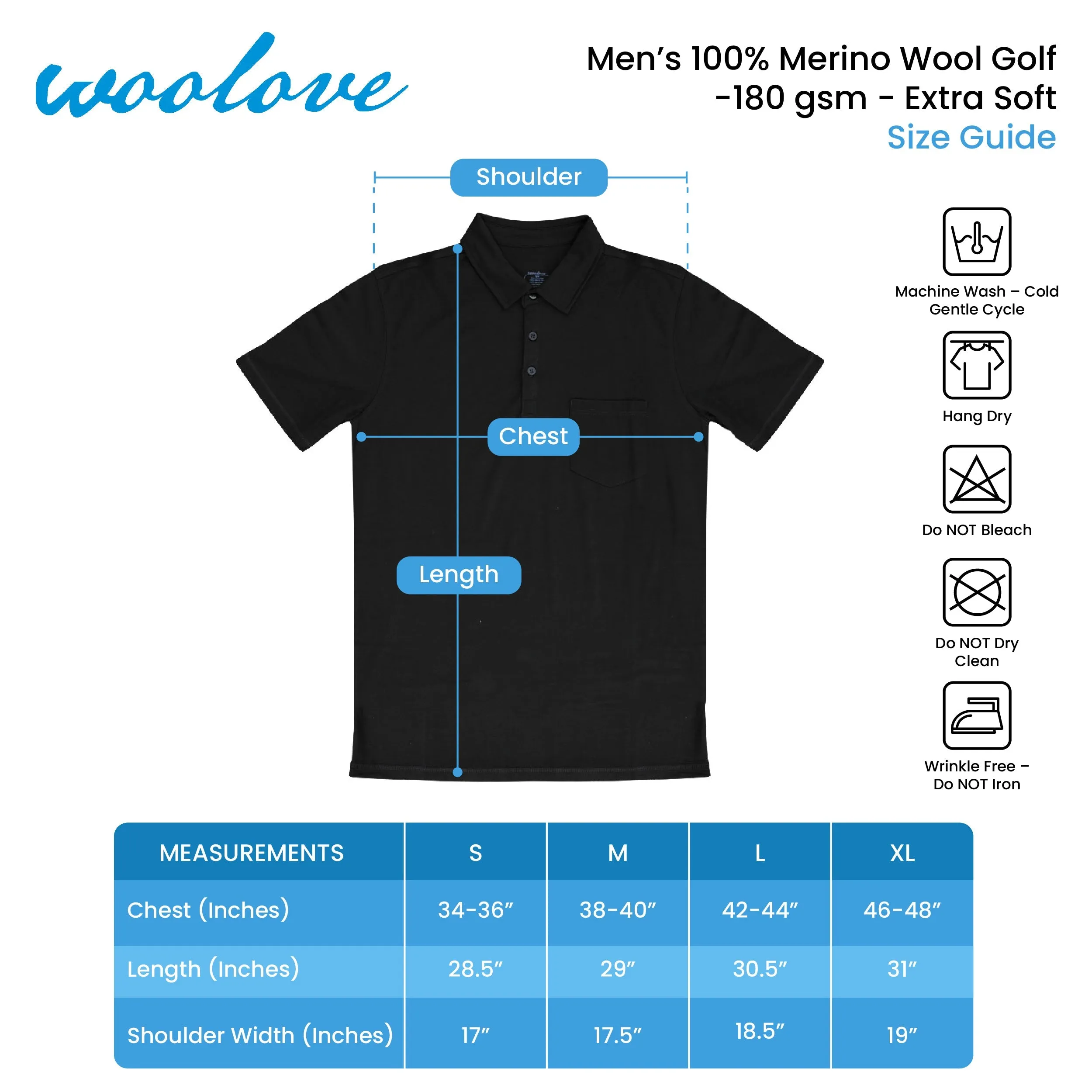 Men's 100% Merino Wool Golf Shirt (with pocket) 175 GSM - Lightweight