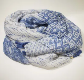 Mixed-Pattern Blue and White Scarf