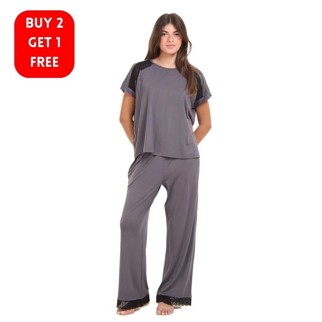 Women summer pajama set Dark Grey Lace shirt   Pants